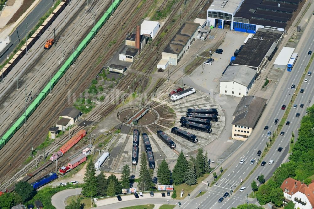 Regensburg von oben - Gleisanlagen an der Kirchmeierstraße am Depot des Betriebswerkes in Regensburg im Bundesland Bayern, Deutschland