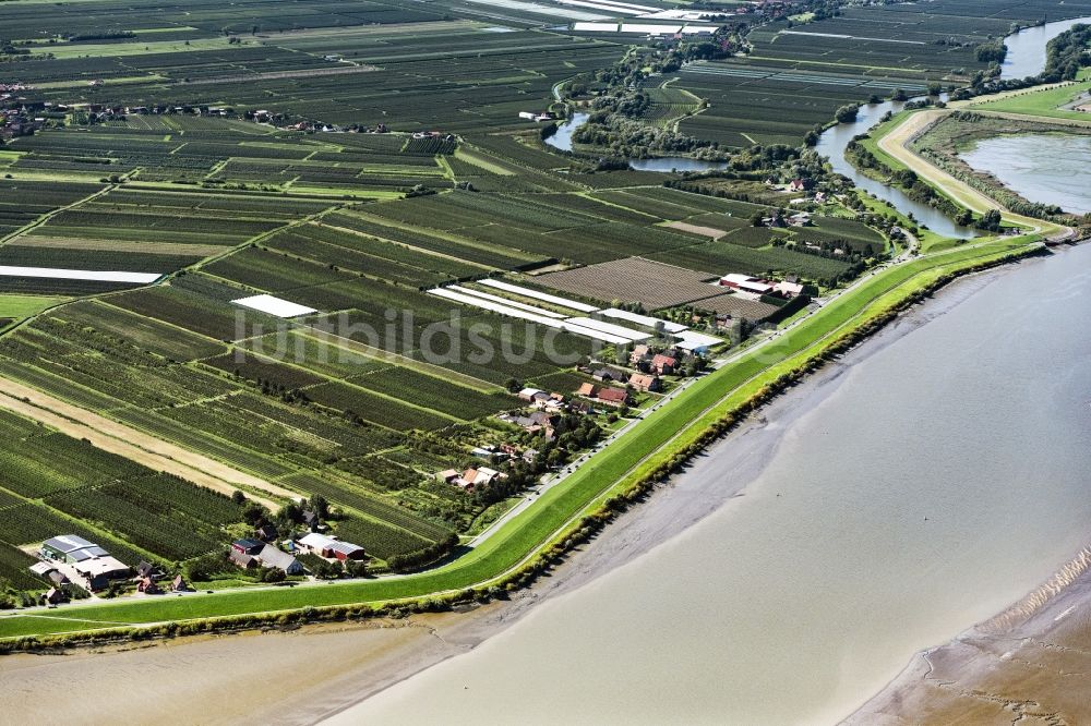 Luftaufnahme Jork - Grasflächen- Strukturen einer Feld- Landschaft Altes Land in Jork im Bundesland Niedersachsen, Deutschland