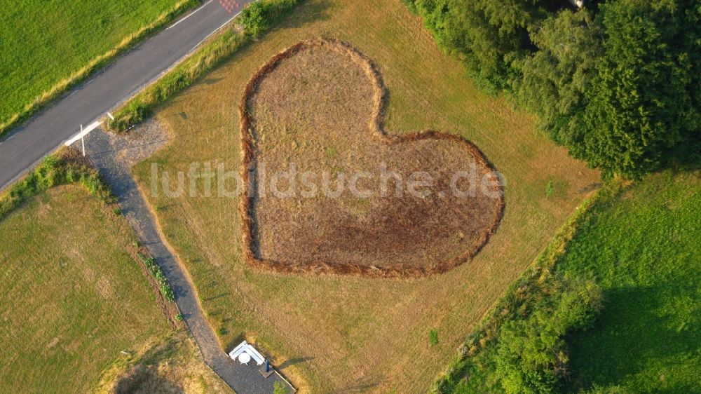 Rauschendorf aus der Vogelperspektive: Grasflächen- Strukturen einer Feld- Landschaft in Herzform in Rauschendorf im Bundesland Nordrhein-Westfalen, Deutschland