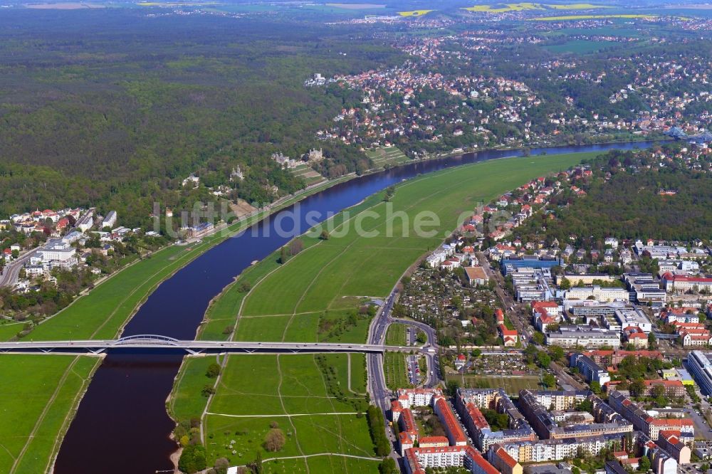 Luftbild Dresden - Grasflächen- Strukturen einer Feld- Landschaft am Ufer der Elbe im Ortsteil Johannstadt in Dresden im Bundesland Sachsen, Deutschland