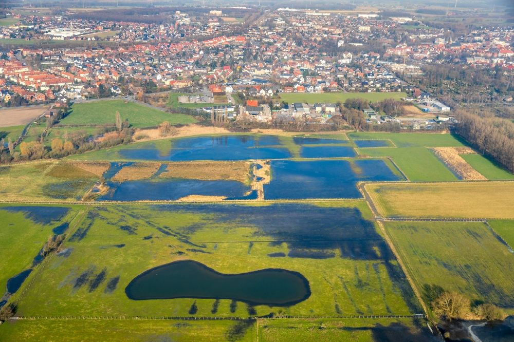 Luftaufnahme Werne - Grasflächen- Strukturen einer Feld- Landschaft am Ufer der Lippe in Werne im Bundesland Nordrhein-Westfalen, Deutschland