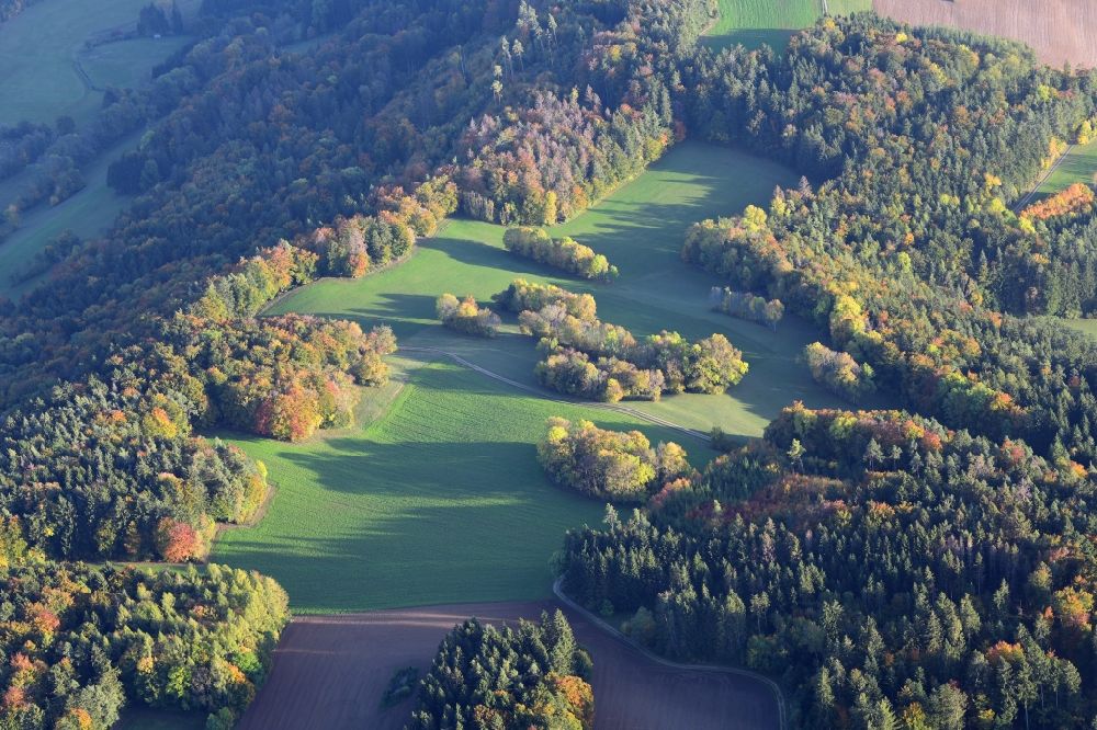 Luftbild Stühlingen - Grasflächen- Strukturen einer Feld- Landschaft, von Wald umgeben, in Stühlingen im Bundesland Baden-Württemberg, Deutschland