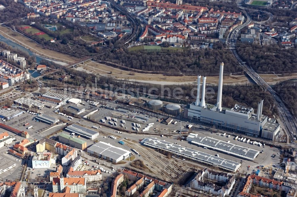 Luftbild München - Großmarkthalle und Kraftwerksanlagen des Heizkraftwerkes Süd an der Schäftlarnstraße in München Sendling im Bundesland Bayern