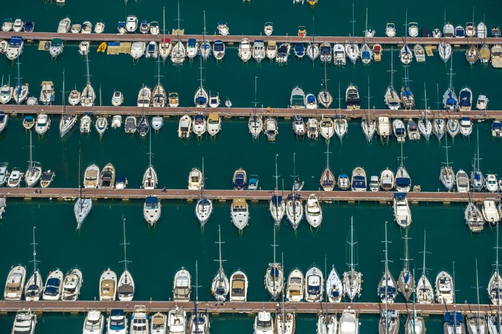 Port d'Alcudia aus der Vogelperspektive: Hafenanlagen an der Meeres- Küste der mit Anlegestellen für Segelboote in Port d'Alcudia in Balearische Insel Mallorca, Spanien