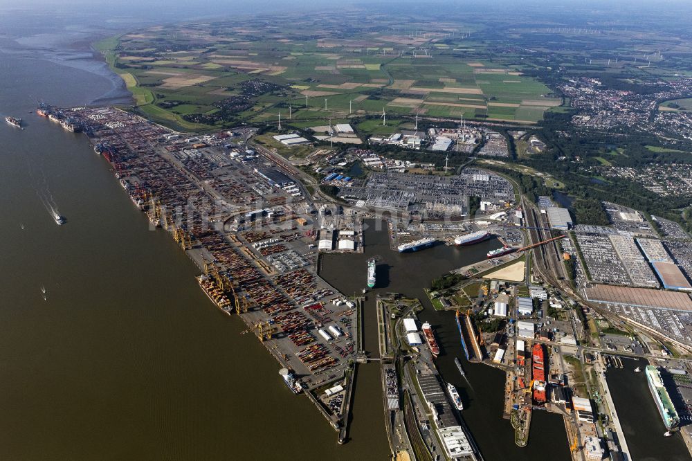 Luftbild Bremerhaven - Hafenanlagen an der Meeres- Küste der Nordsee, Stadtbremisches Überseehafengebiet Bremerhaven in Bremerhaven im Bundesland Bremen, Deutschland