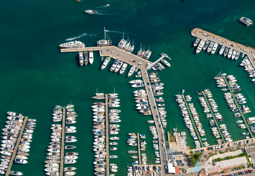 Port d'Andratx von oben - Hafenanlagen an der Meeres- Küste der in Port d'Andratx in Balearische Inseln, Spanien