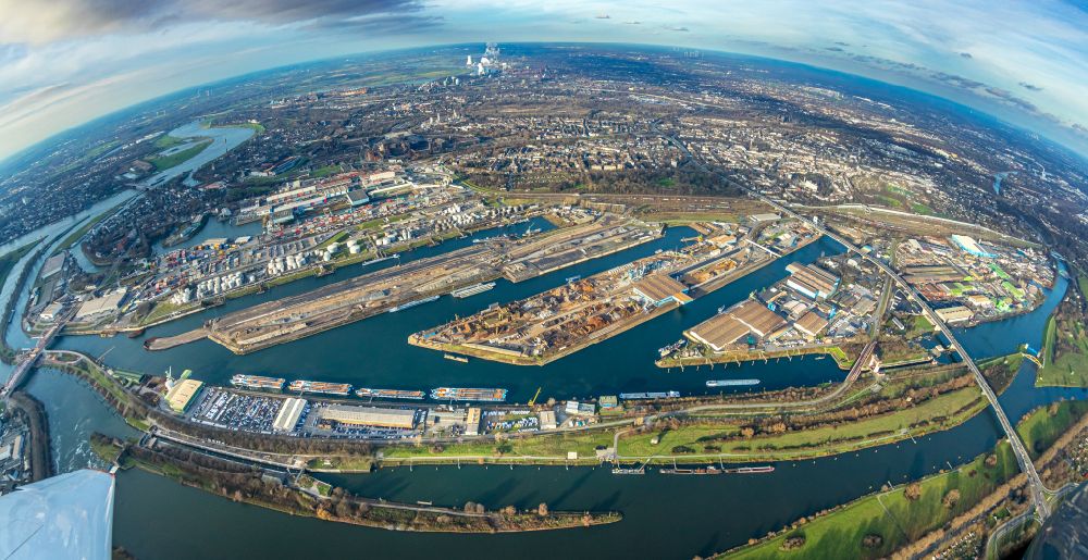 Luftaufnahme Duisburg - Hafenanlagen am Ufer des Hafenbeckens der Ruhr in Duisburg im Bundesland Nordrhein-Westfalen, Deutschland