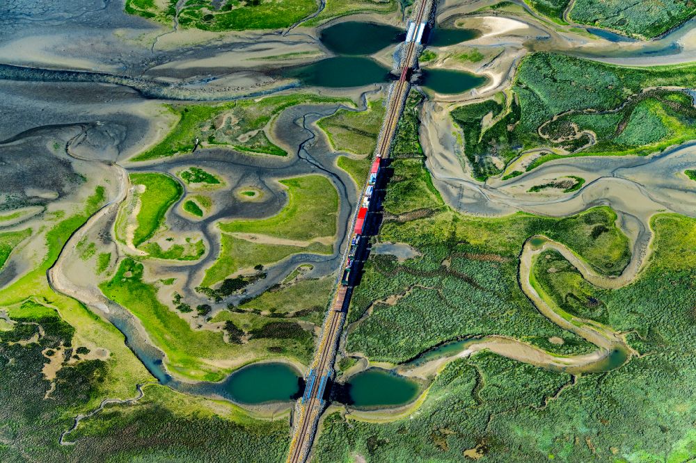 Wangerooge aus der Vogelperspektive: Hallig- Landschaft mit fahrenden Zug der Wangerooger Inselbahn in Wangerooge im Bundesland Niedersachsen, Deutschland