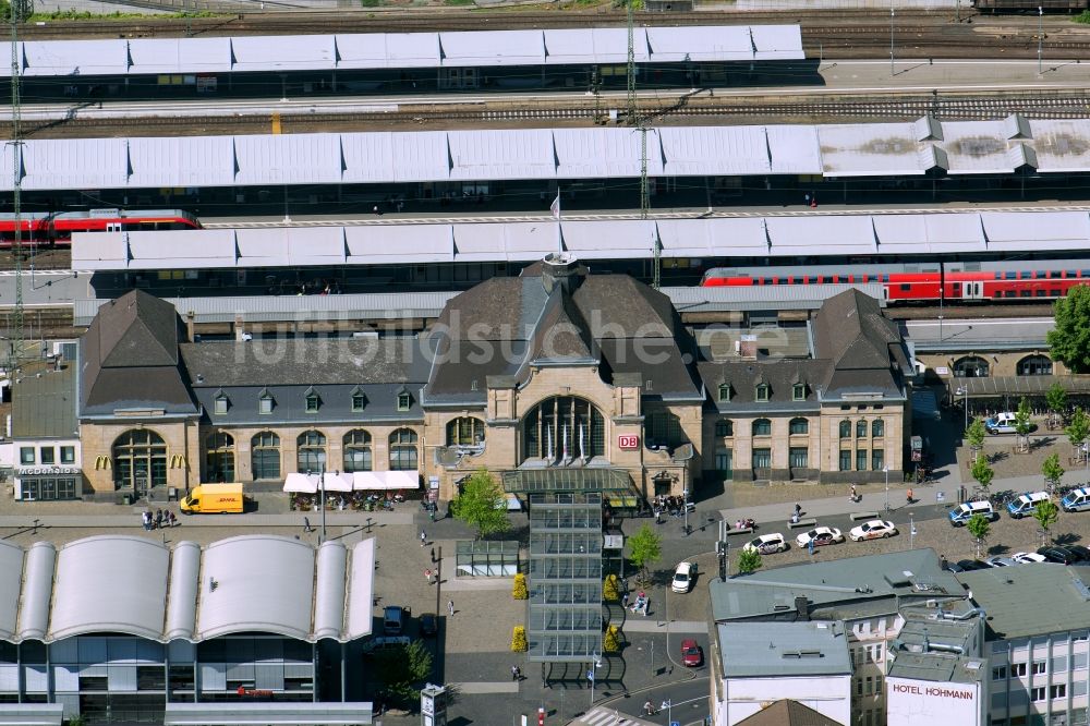 Luftaufnahme Koblenz - Hauptbahnhof der Deutschen Bahn in Koblenz im Bundesland Rheinland-Pfalz, Deutschland