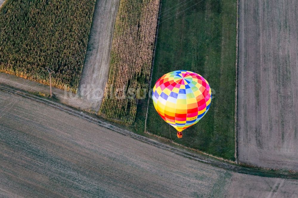 Gundershoffen aus der Vogelperspektive: Heißluftballon mit der Kennung 67XA in Fahrt über dem Luftraum in Gundershoffen in Grand Est, Frankreich