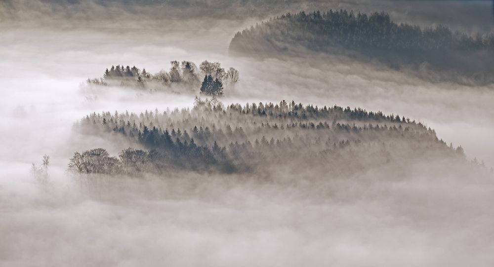 Luftaufnahme Meschede OT Bergstadt Eversberg - Herbst - Wetter Landschaft über den von Wolken und Hochnebel Wald bei Eversberg zu Meschede im Bundesland Nordrhein-Westfalen
