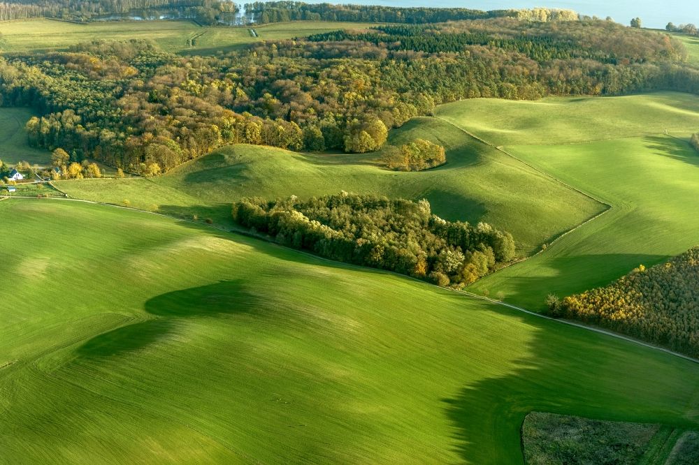Prillwitz aus der Vogelperspektive: Herbstlandschaft mit Wiesen und Feldern bei Prillwitz im Bundesland Mecklenburg-Vorpommern
