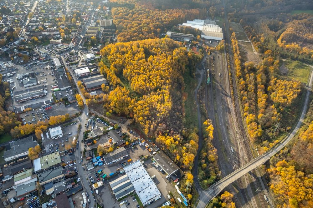 Luftaufnahme Stolberg (Rheinland) - Herbstlich bunt gefärbte Laubbaum- Baumspitzen in einem Waldgebiet in Stolberg (Rheinland) im Bundesland Nordrhein-Westfalen, Deutschland