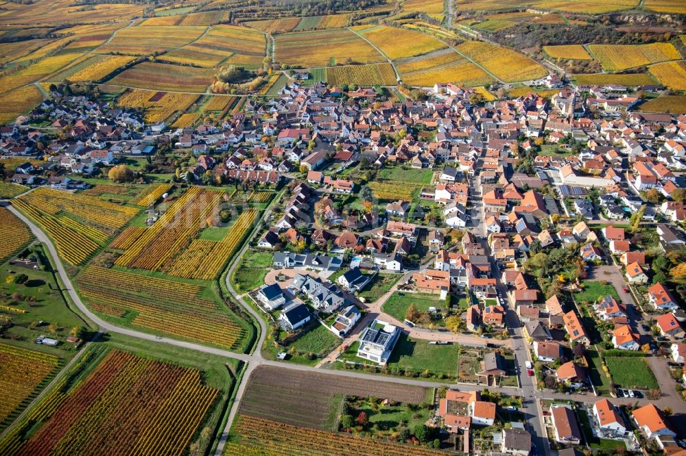Luftaufnahme Kallstadt - Herbstliche verfärbte Vegetationsansicht der Weinberge um das Winzerdorf in Kallstadt im Bundesland Rheinland-Pfalz, Deutschland