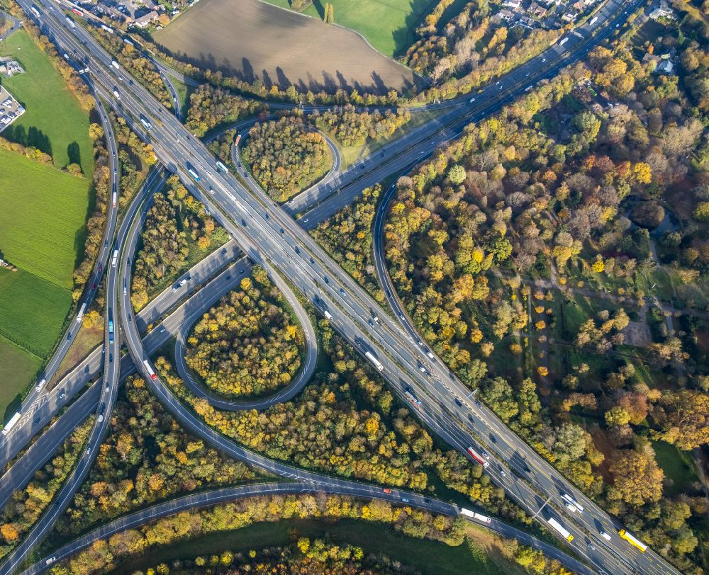 Luftbild Duisburg - Herbstluftbild Autobahnkreuz der BAB A3 - A42 Oberhausen-West in Duisburg im Bundesland Nordrhein-Westfalen, Deutschland