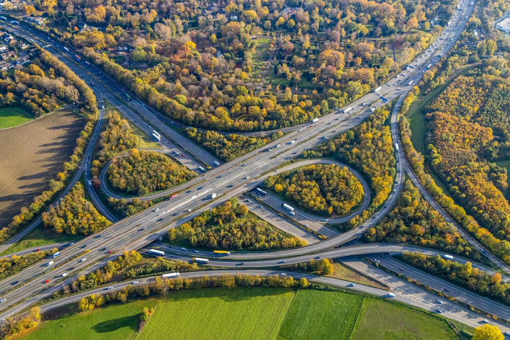 Luftaufnahme Duisburg - Herbstluftbild Autobahnkreuz der BAB A3 - A42 Oberhausen-West in Duisburg im Bundesland Nordrhein-Westfalen, Deutschland