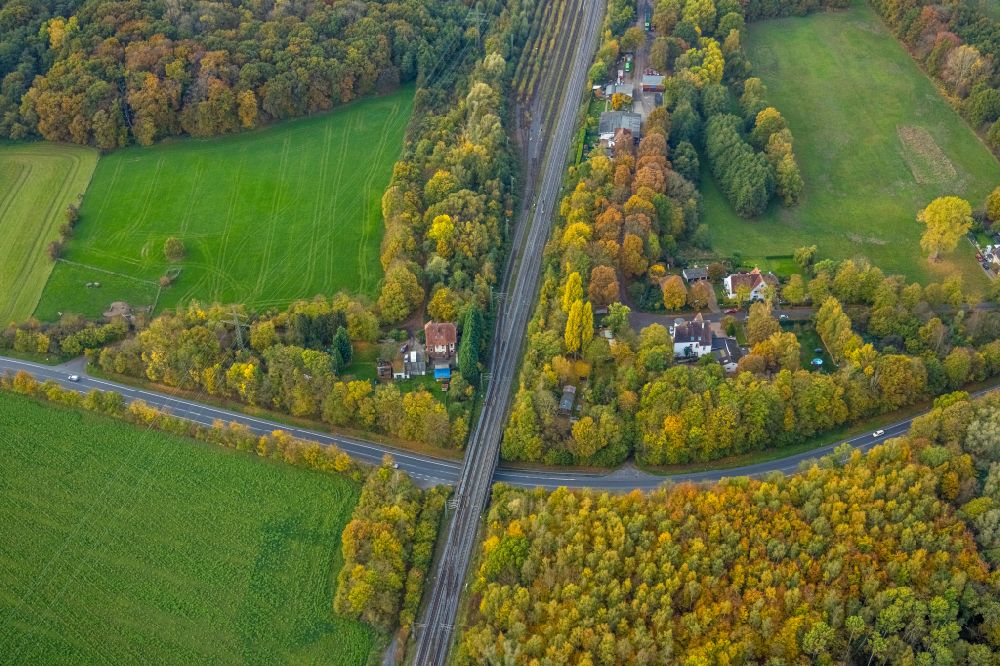 Bergkamen aus der Vogelperspektive: Herbstluftbild Bahn- Brückenbauwerk an der Bundesstraße B233 in Bergkamen im Bundesland Nordrhein-Westfalen, Deutschland
