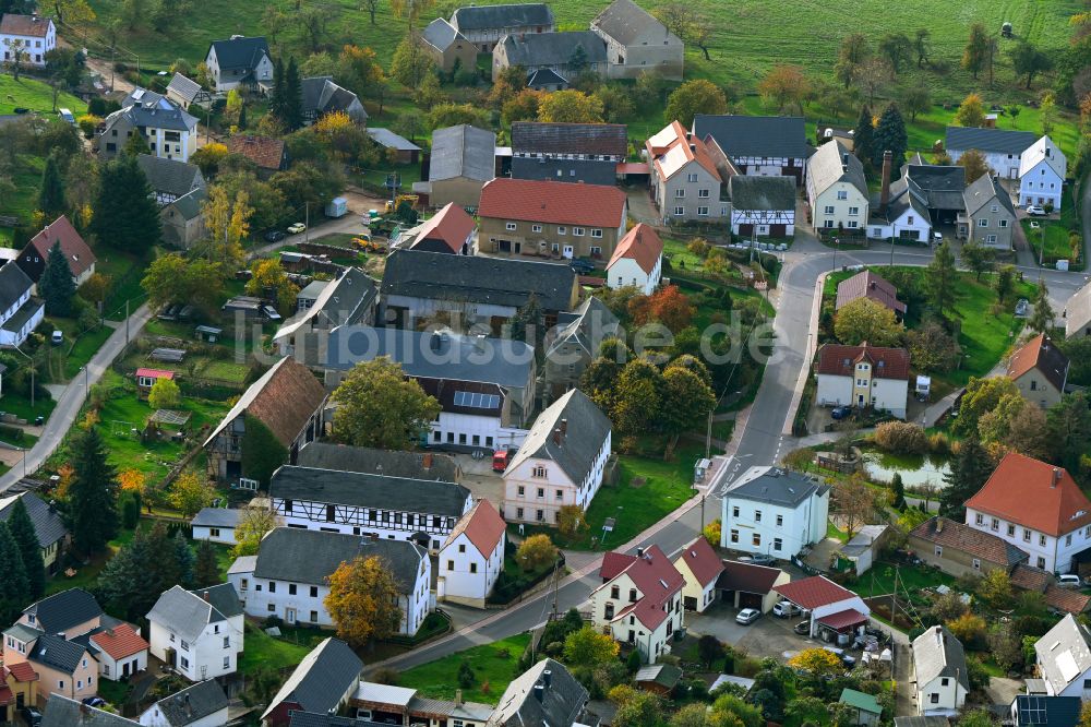 Lastau aus der Vogelperspektive: Herbstluftbild Bauernhöfe an der Dorfstraße in Lastau im Bundesland Sachsen, Deutschland