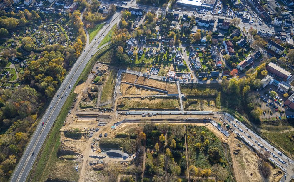 Luftbild Bochum - Herbstluftbild Baustelle mit Erschließungs - und Aufschüttungs- Arbeiten am Ostpark Quartier Feldmark in Bochum im Bundesland Nordrhein-Westfalen, Deutschland