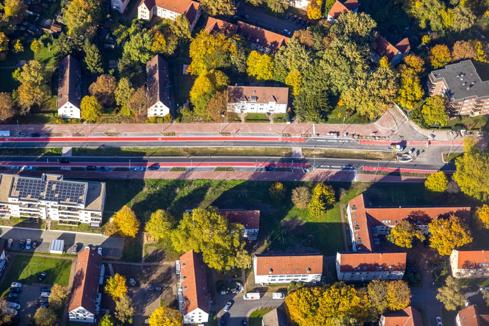 Luftaufnahme Gladbeck - Herbstluftbild Baustelle zum Neubau und zur Erweiterung des Straßenverlaufes der Wiesmannstraße in Gladbeck im Bundesland Nordrhein-Westfalen, Deutschland