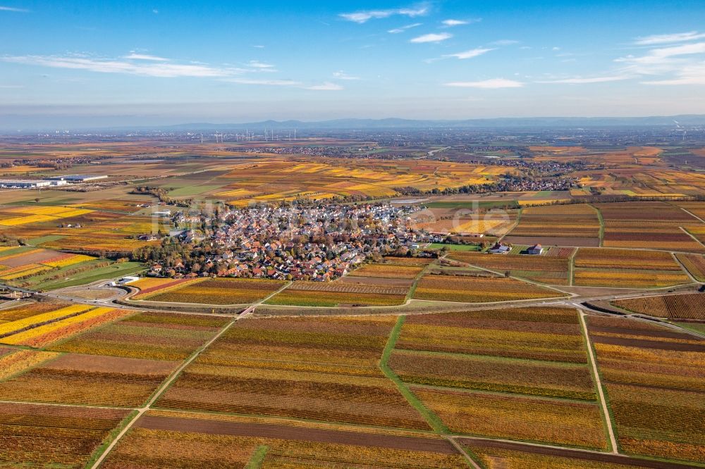 Kirchheim an der Weinstraße aus der Vogelperspektive: Herbstluftbild der Dorf - Ansicht in Kirchheim an der Weinstraße im Bundesland Rheinland-Pfalz, Deutschland