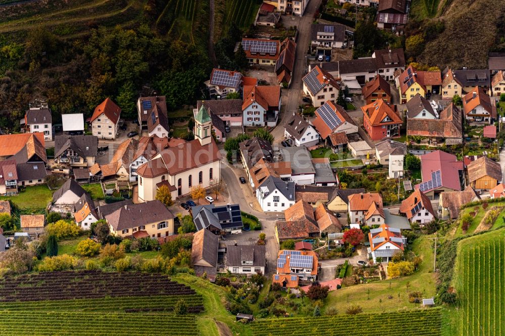 Luftbild Vogtsburg im Kaiserstuhl - Herbstluftbild Dorf - Ansicht am Rande von Feldern in Schelingen im Bundesland Baden-Württemberg, Deutschland