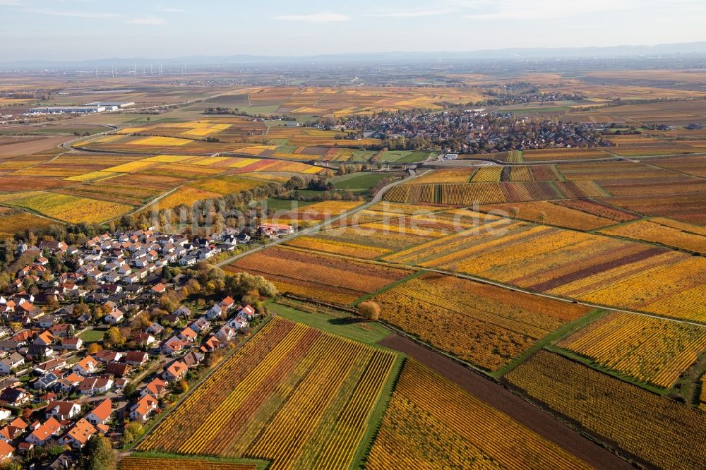 Kirchheim an der Weinstraße aus der Vogelperspektive: Herbstluftbild der Dorf - Ansichten zwischen Kleinkarlbach und Kirchheim an der Weinstraße im Bundesland Rheinland-Pfalz, Deutschland