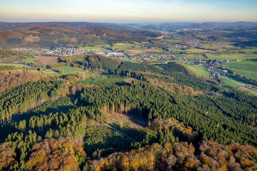 Luftbild Olpe - Herbstluftbild Laubbaum- Baumspitzen in einem Waldgebiet in Olpe im Bundesland Nordrhein-Westfalen, Deutschland
