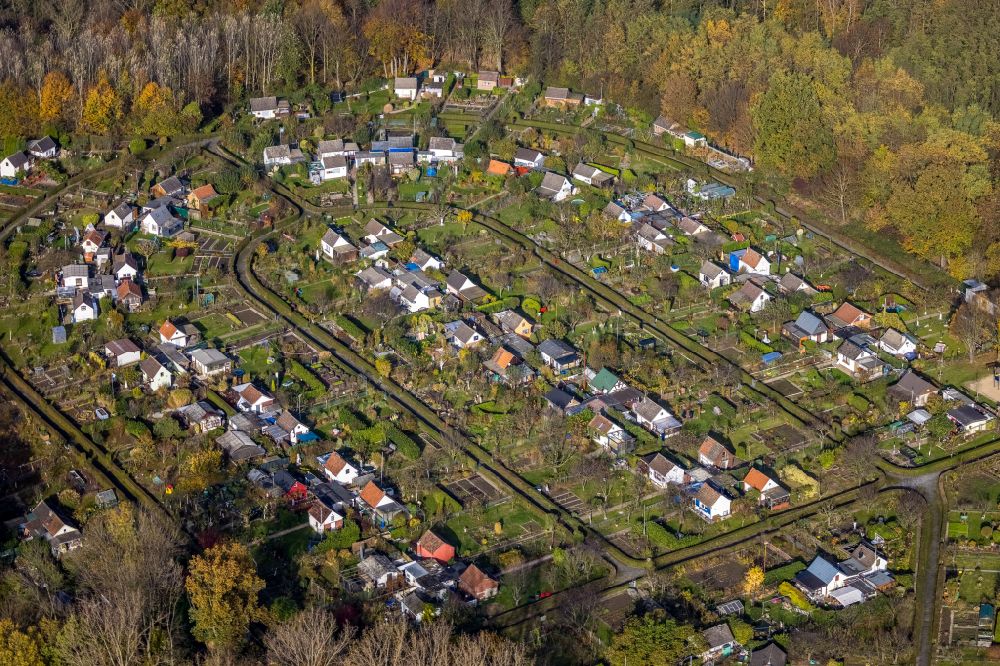 Luftaufnahme Bochum - Herbstluftbild Parzellen einer Kleingartenanlage in Bochum im Bundesland Nordrhein-Westfalen