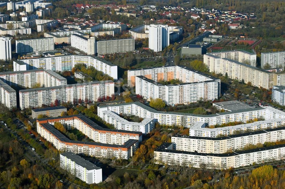 Luftaufnahme Berlin - Herbstluftbild Plattenbau- Hochhaus- Wohnsiedlung entlang der Pablo-Picasso-Straße im Ortsteil Neu-Hohenschönhausen in Berlin, Deutschland
