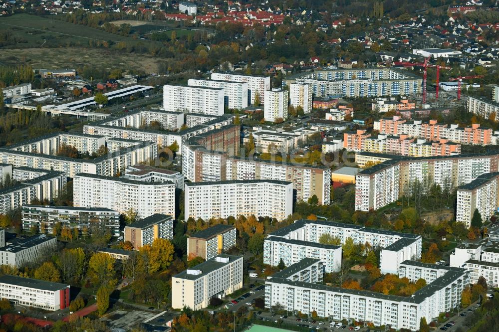 Luftbild Berlin - Herbstluftbild Plattenbau- Hochhaus- Wohnsiedlung Flämingstraße - Märkische Allee im Ortsteil Marzahn in Berlin, Deutschland