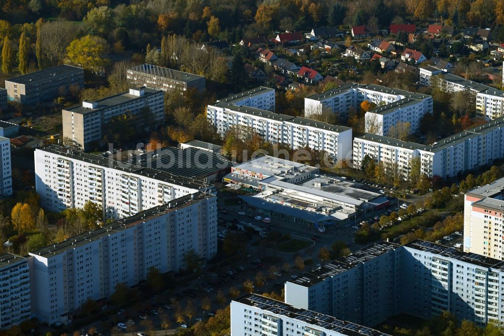 Berlin aus der Vogelperspektive: Herbstluftbild Plattenbau- Hochhaus- Wohnsiedlung im Ortsteil Neu-Hohenschönhausen in Berlin, Deutschland