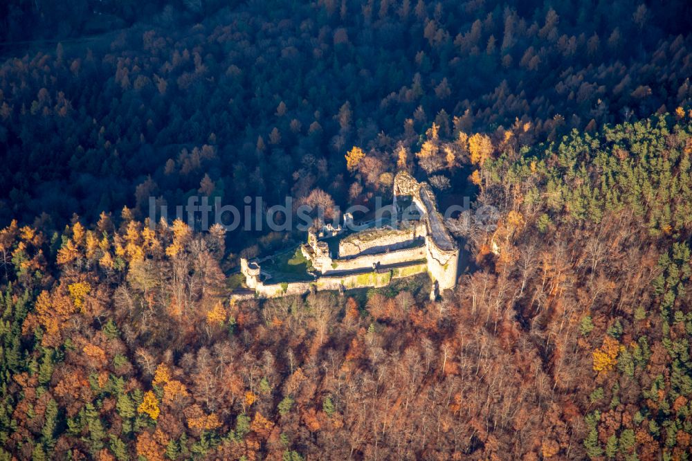 Luftbild Flemlingen - Herbstluftbild Ruine und Mauerreste der ehemaligen Burganlage der Veste Burg Neuscharfeneck im Herbst in Flemlingen im Bundesland Rheinland-Pfalz