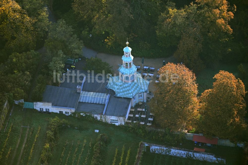 Luftaufnahme Potsdam - Herbstluftbild Tische und Sitzbänke der Freiluft- Gaststätten Drachenhaus in Potsdam im Bundesland Brandenburg, Deutschland