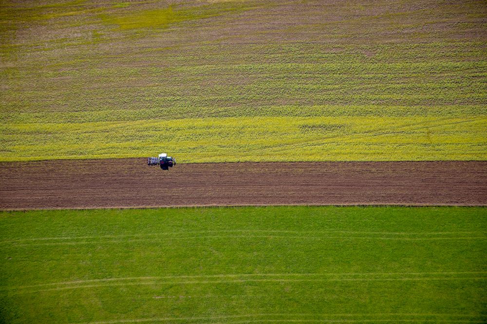 Obringhausen aus der Vogelperspektive: Herbstluftbild Transportfahrzeuge auf landwirtschaftlichen Feldern in Obringhausen im Bundesland Nordrhein-Westfalen, Deutschland