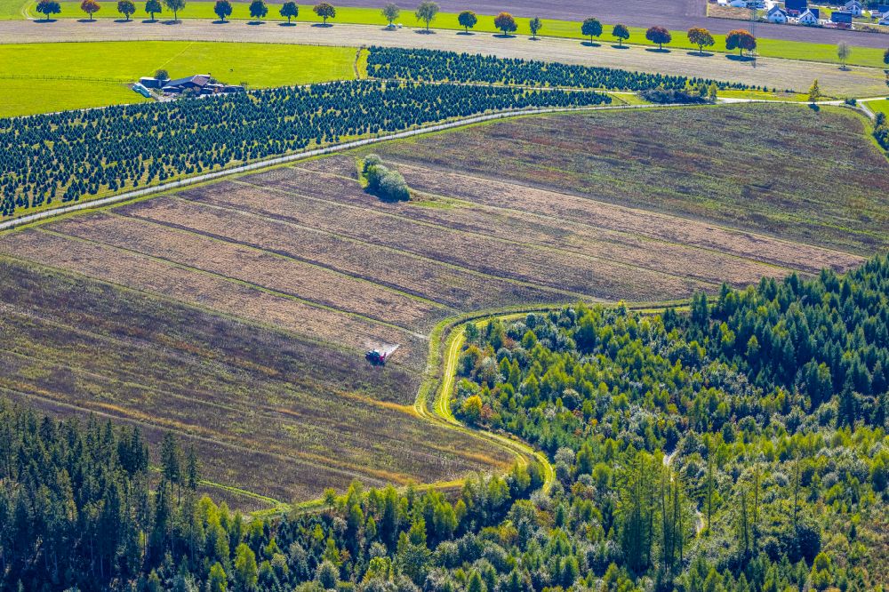Luftbild Obringhausen - Herbstluftbild Transportfahrzeuge auf landwirtschaftlichen Feldern in Obringhausen im Bundesland Nordrhein-Westfalen, Deutschland