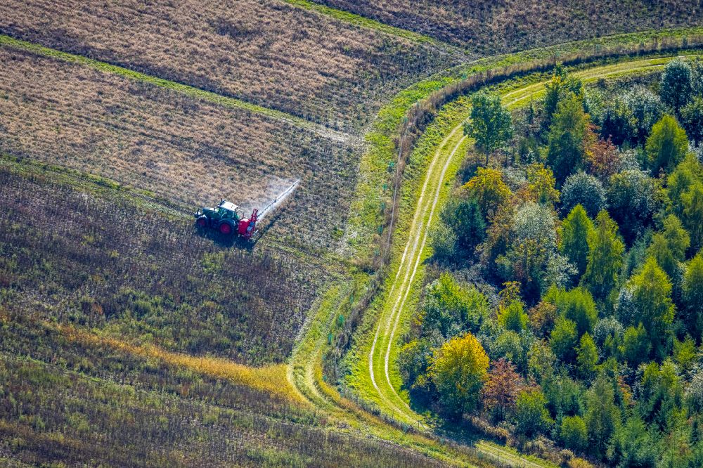 Luftaufnahme Obringhausen - Herbstluftbild Transportfahrzeuge auf landwirtschaftlichen Feldern in Obringhausen im Bundesland Nordrhein-Westfalen, Deutschland