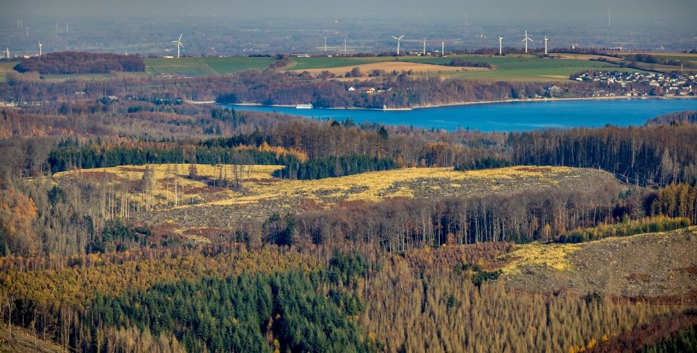 Luftaufnahme Möhnesee - Herbstluftbild Uferbereiche des Sees Möhnesee mit gerodeteten Waldgebieten in Möhnesee im Bundesland Nordrhein-Westfalen, Deutschland