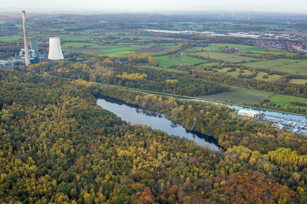 Bergkamen aus der Vogelperspektive: Herbstluftbild Waldgebiete am Ufer des See Beversee in Bergkamen im Bundesland Nordrhein-Westfalen, Deutschland