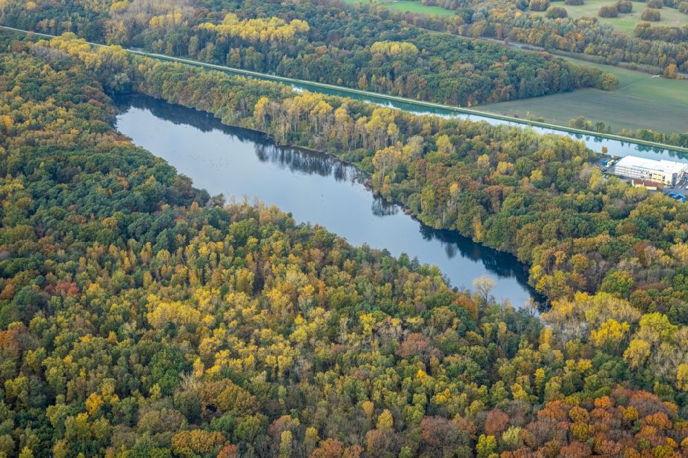 Luftbild Bergkamen - Herbstluftbild Waldgebiete am Ufer des See Beversee in Bergkamen im Bundesland Nordrhein-Westfalen, Deutschland