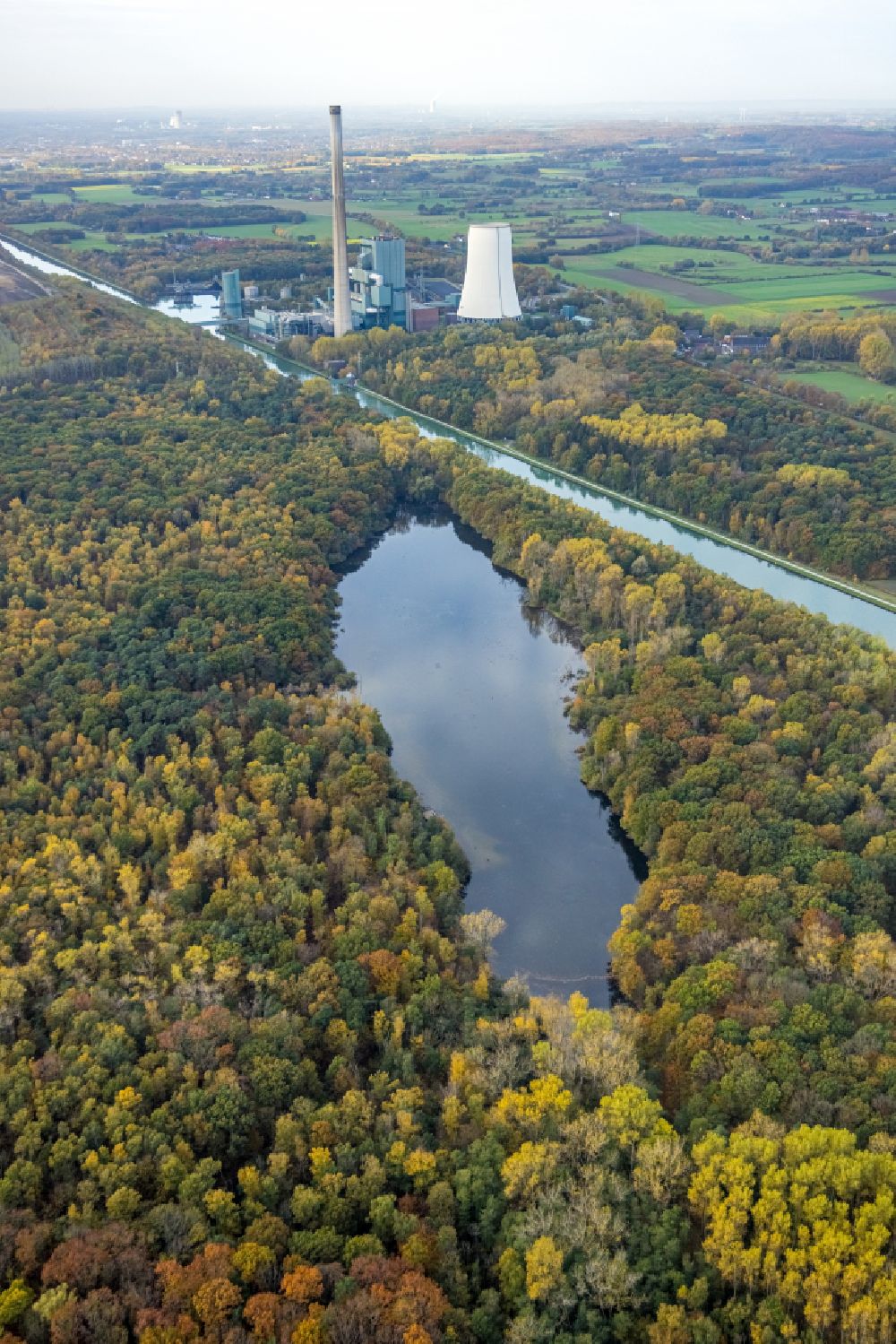 Luftaufnahme Bergkamen - Herbstluftbild Waldgebiete am Ufer des See Beversee in Bergkamen im Bundesland Nordrhein-Westfalen, Deutschland