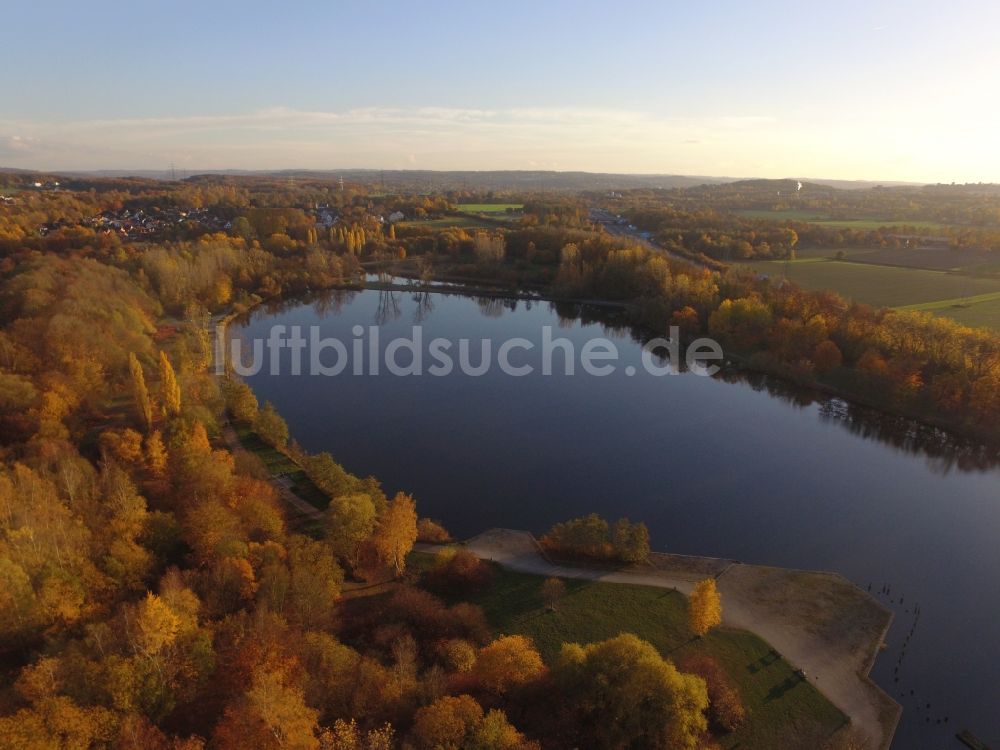 Bochum aus der Vogelperspektive: Herbstluftbild Waldgebiete am Ufer des See Ümminger See in Bochum im Bundesland Nordrhein-Westfalen, Deutschland