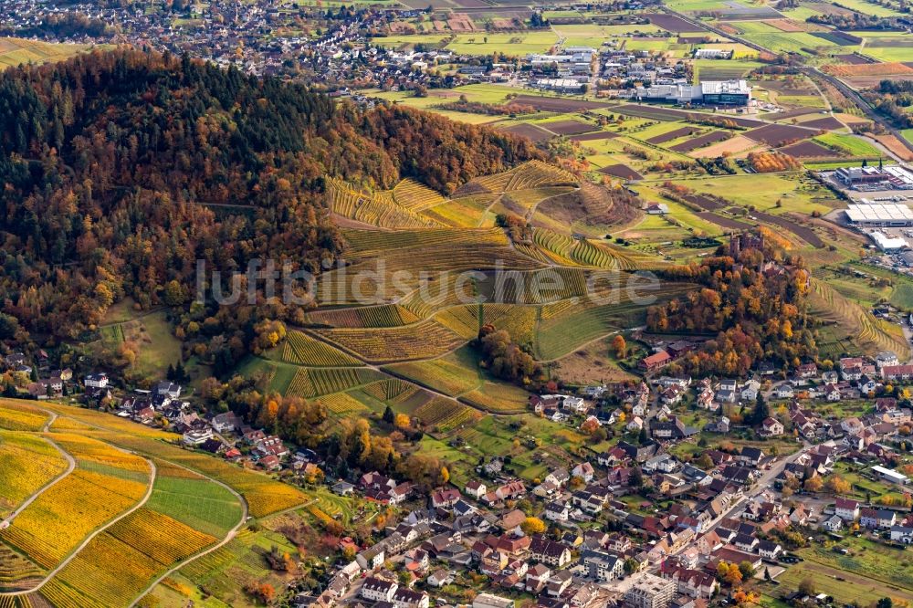 Ortenberg von oben - Herbstluftbild Weinbaugebiet mit Burganlage des Schloss in Ortenberg im Bundesland Baden-Württemberg
