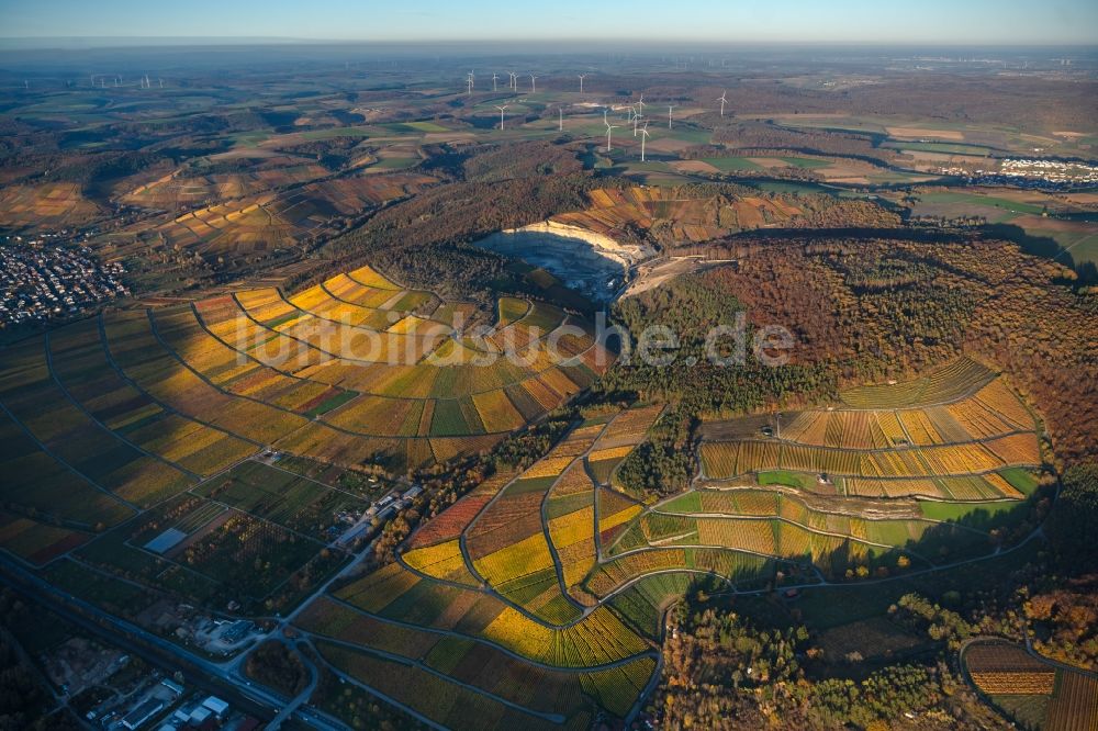 Thüngersheim aus der Vogelperspektive: Herbstluftbild Weinbergs- Landschaft der Winzer- Gebiete in Thüngersheim im Bundesland Bayern, Deutschland