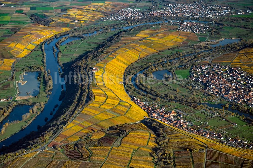 Luftbild Volkach - Herbstluftbild Weinbergs- Landschaft der Winzer- Gebiete in Volkach im Bundesland Bayern, Deutschland