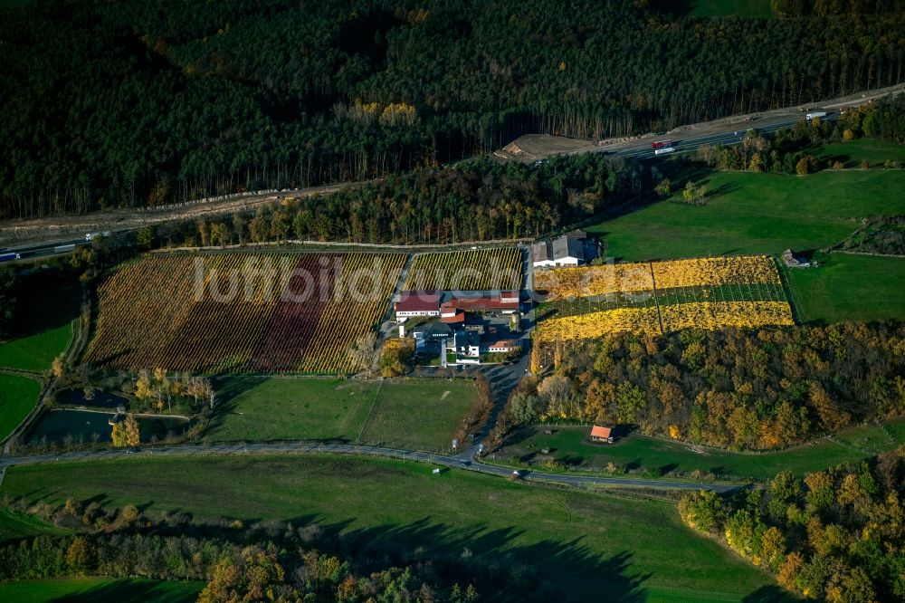 Luftaufnahme Abtswind - Herbstluftbild Weinbergs- Landschaft der Winzer- Gebiete Weingut Behringer in Abtswind im Bundesland Bayern, Deutschland