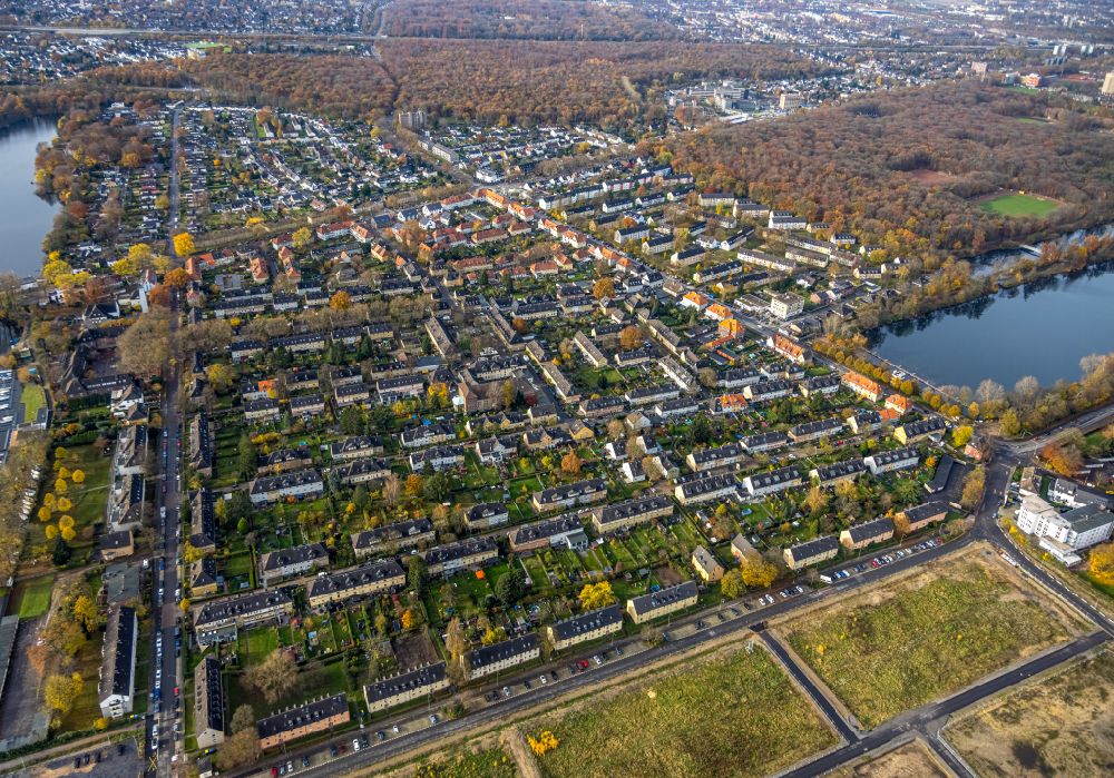 Luftbild Duisburg - Herbstluftbild Wohngebiet einer Mehrfamilienhaussiedlung im Ortsteil Wedau in Duisburg im Bundesland Nordrhein-Westfalen, Deutschland
