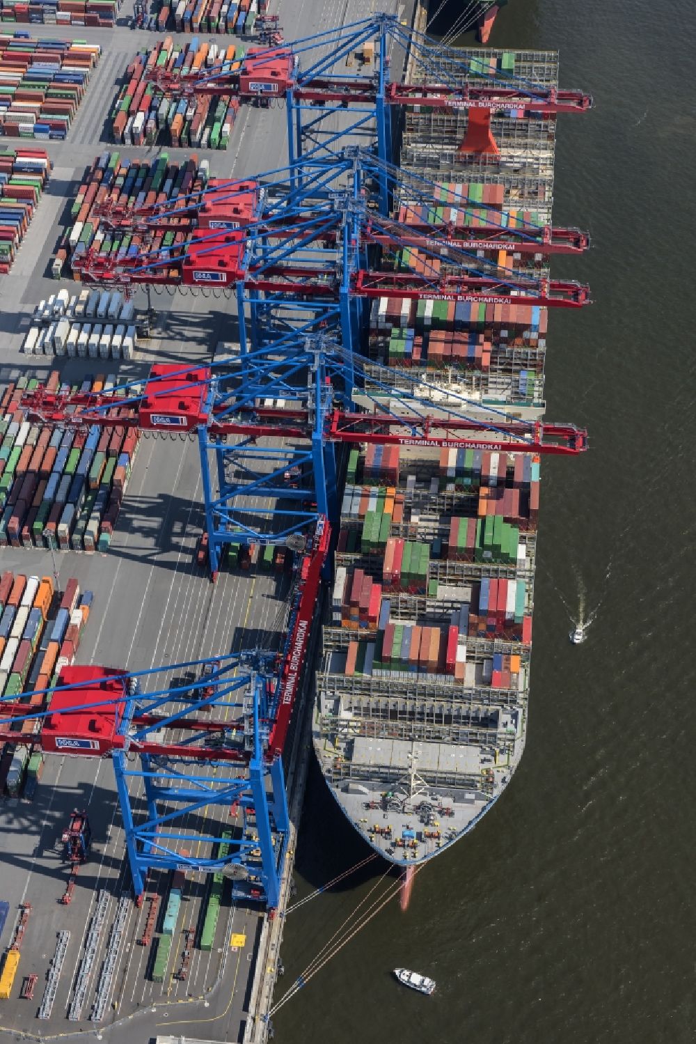 Hamburg von oben - HHLA Logistics Container Terminal Burchhardkai am Hamburger Hafen / Waltershofer Hafen in Hamburg Containerschiff MOL Triumph