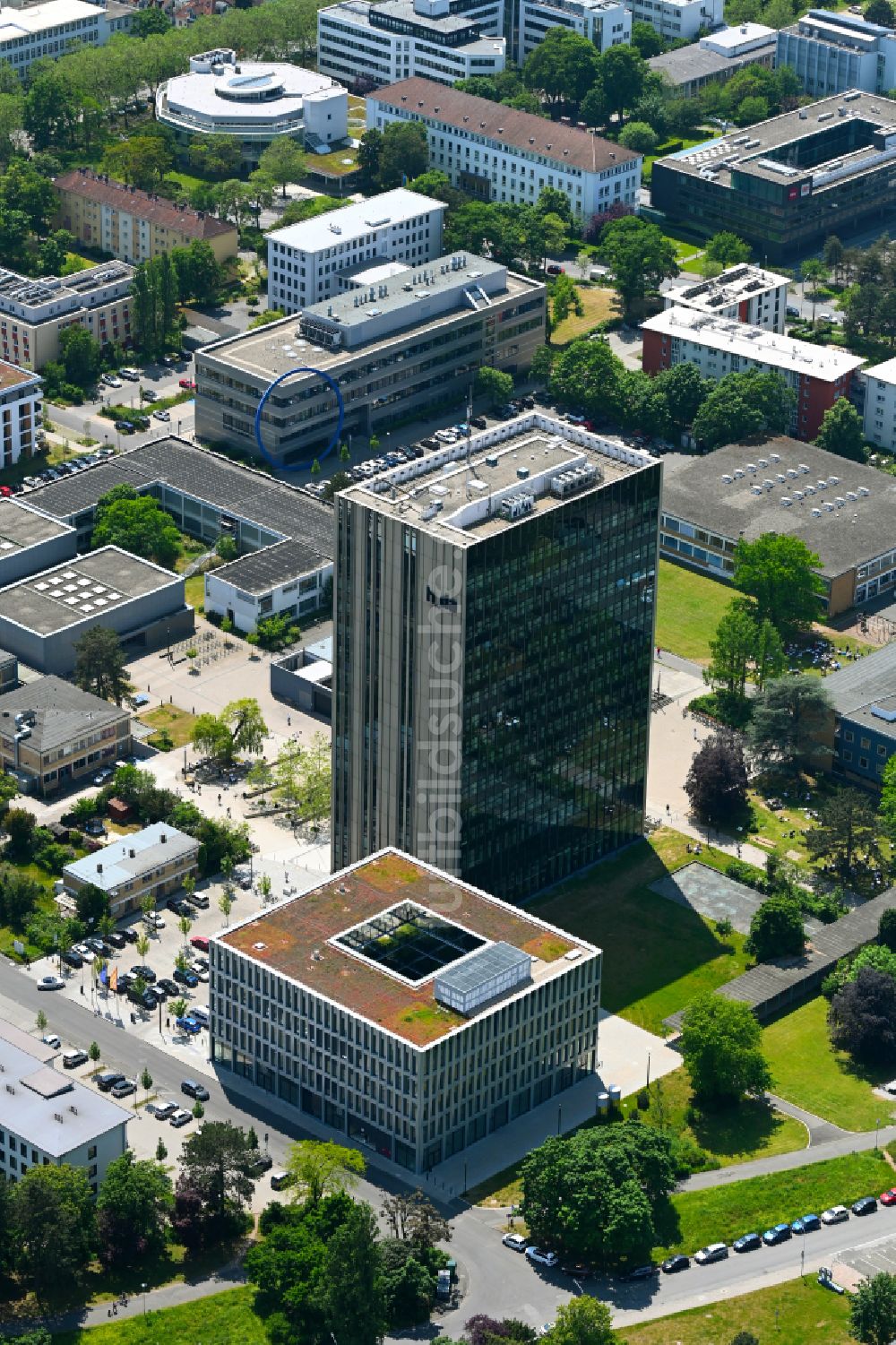 Darmstadt-West aus der Vogelperspektive: Hochhaus- Gebäude der Universität - Hochschule in Darmstadt im Bundesland Hessen, Deutschland