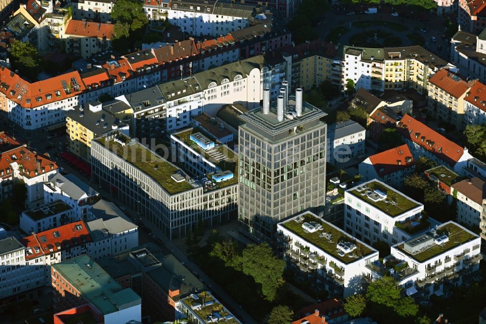 Luftaufnahme München - Hochhaus- Gebäude im Wohngebiet The Seven in München im Bundesland Bayern, Deutschland